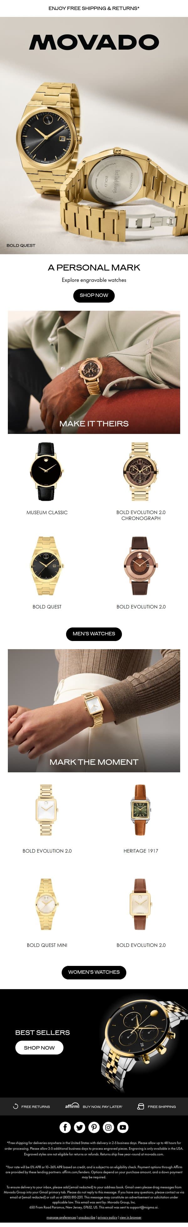 Make It Theirs: Engravable Watches email from Movado screenshot