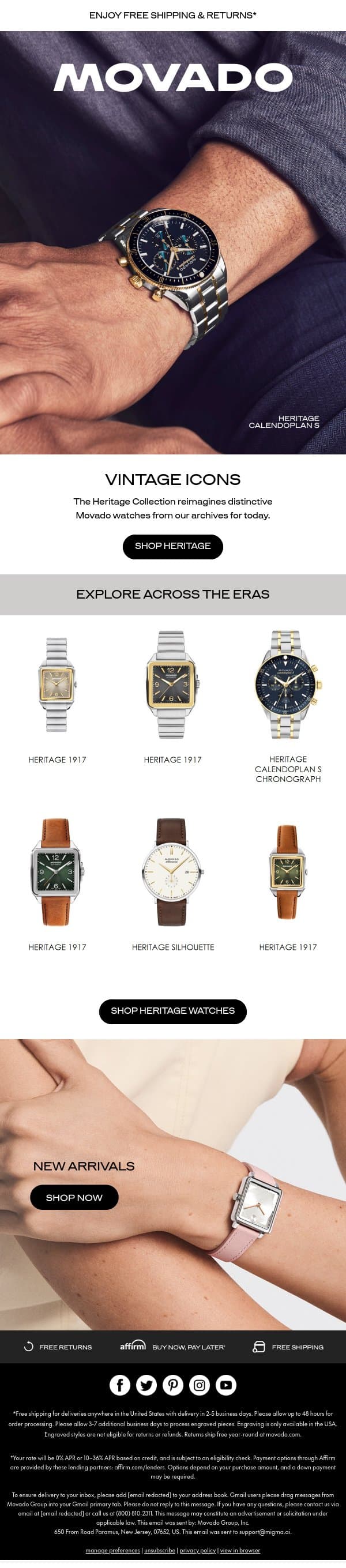 The Vintage Look: Heritage Watches email from Movado screenshot