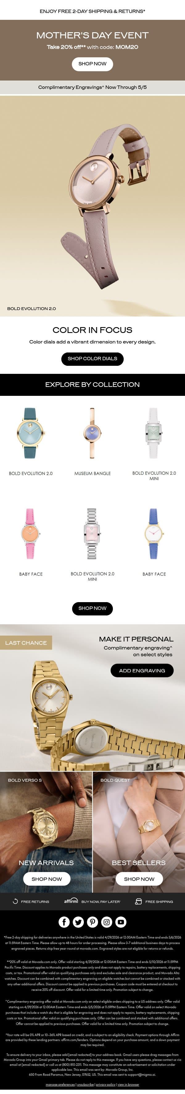 Gift Color this year, enjoy 20% off email from Movado screenshot