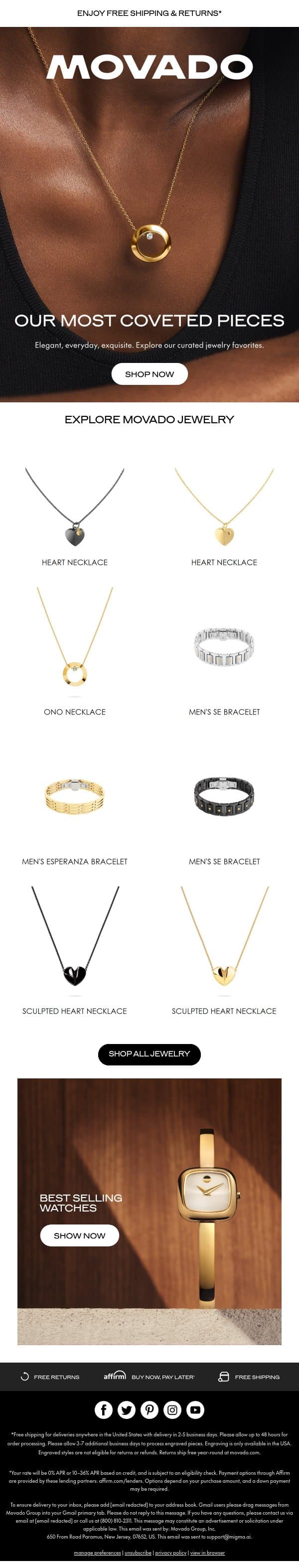 Jewelry Best Sellers email from Movado screenshot