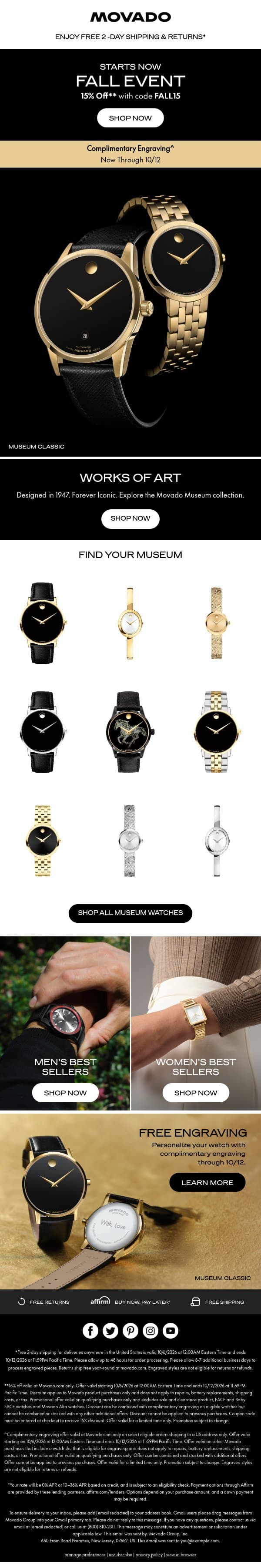 15% off Museum Watches Starts Now email from Movado screenshot