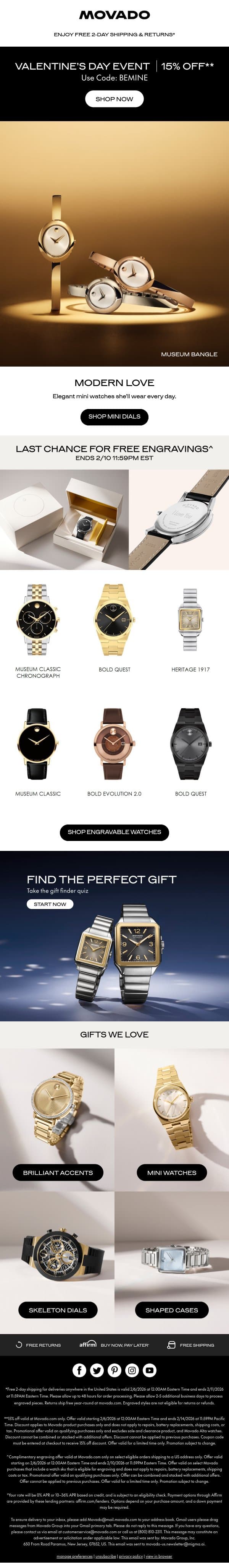Be Her Valentine: 15% off Mini Watches email from Movado screenshot