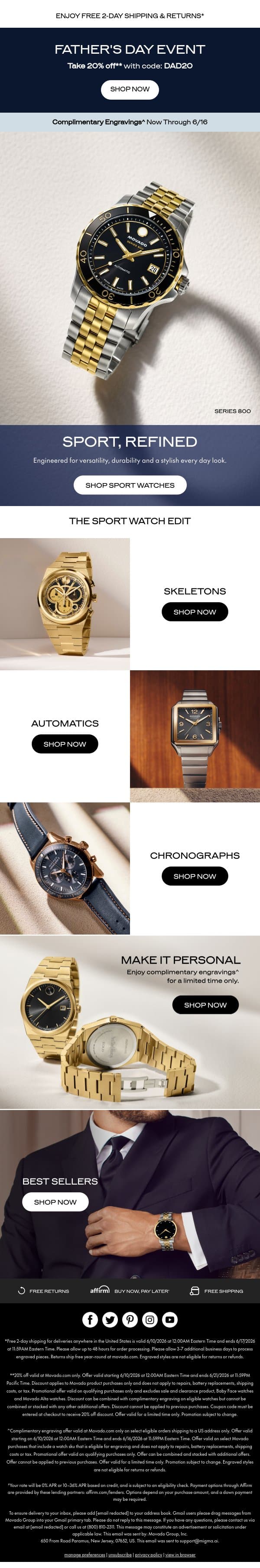 Sport Watches, Enjoy 20% off email from Movado screenshot