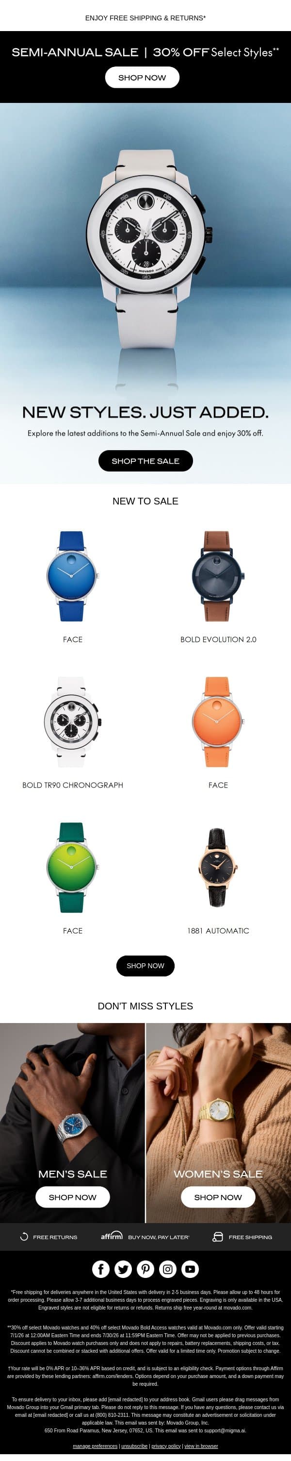 New Styles Added, now 30% off email from Movado screenshot