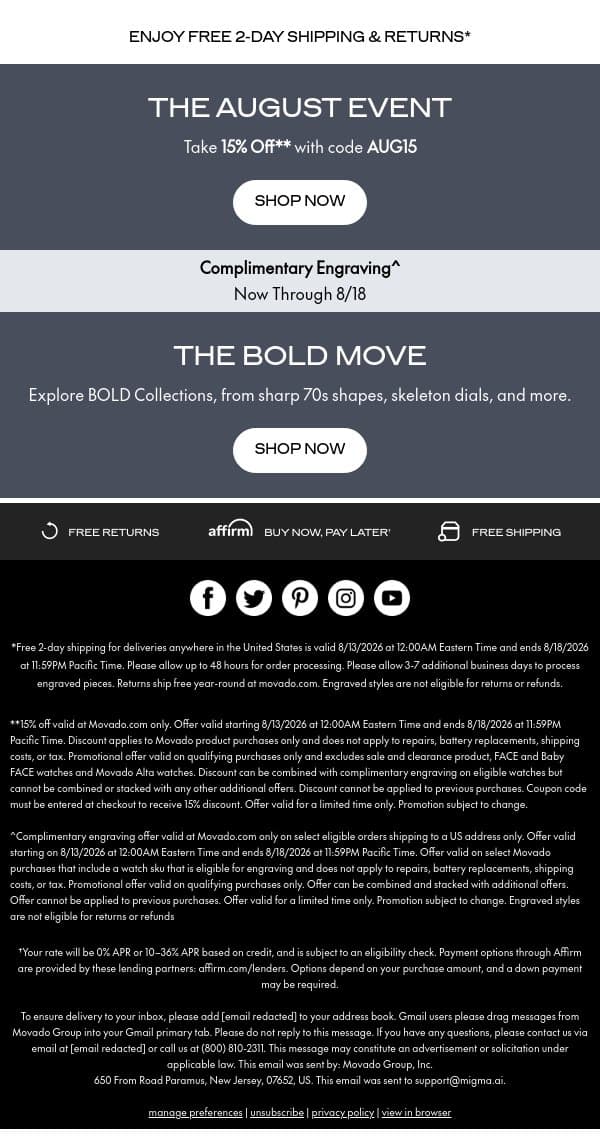 Final Hours: 15% off BOLD Watches email from Movado screenshot
