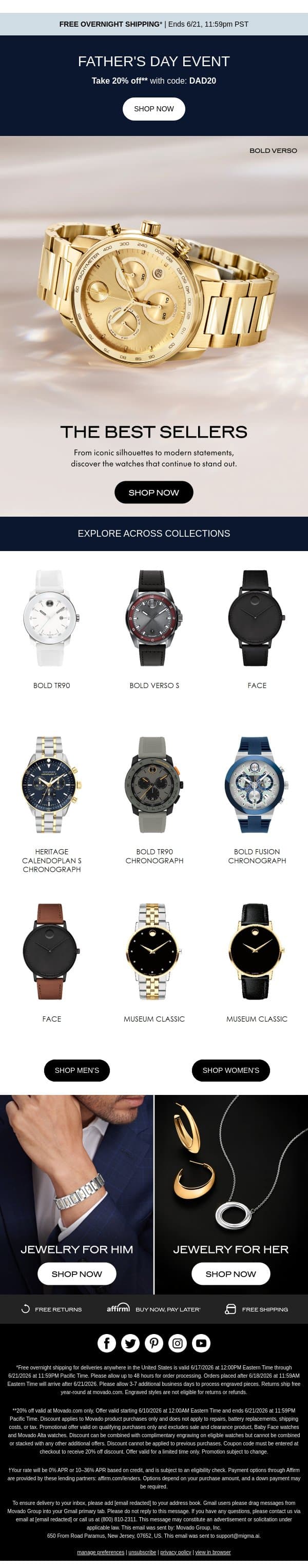 Ends tonight, enjoy 20% off email from Movado screenshot