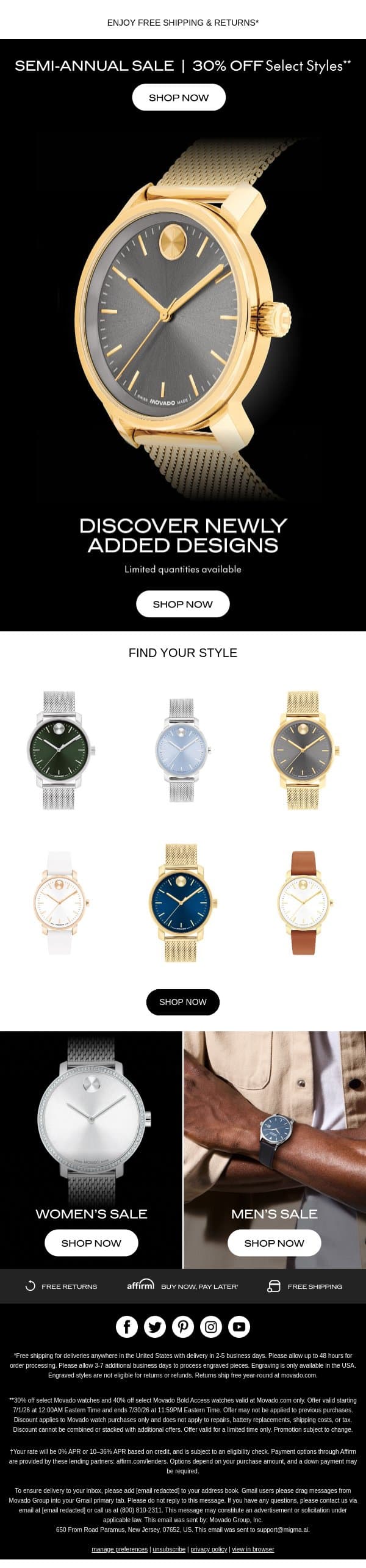 New Styles Added: Semi-Annual Sale email from Movado screenshot