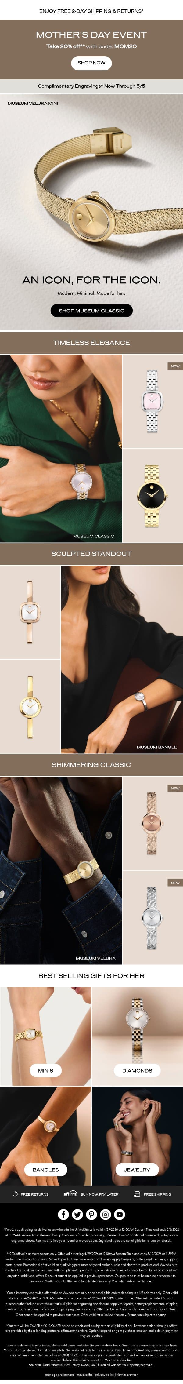 For Mom: 20% off Museum Classics email from Movado screenshot
