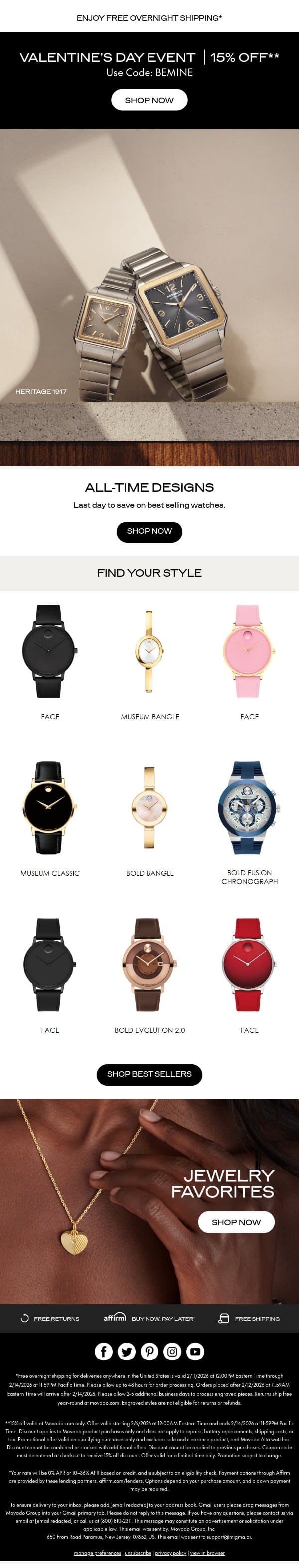 Ends Today: 15% off Best Sellers email from Movado screenshot