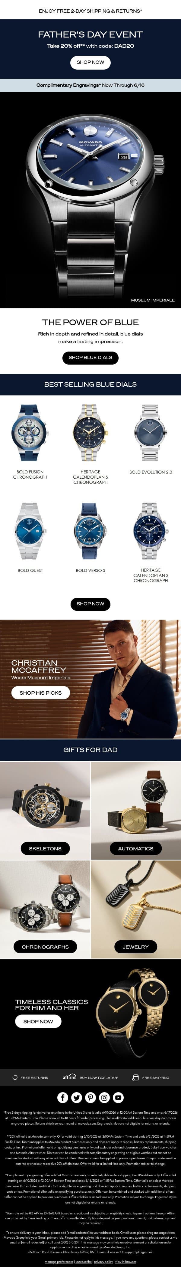 For Dad: Rich Blue Dials email from Movado screenshot