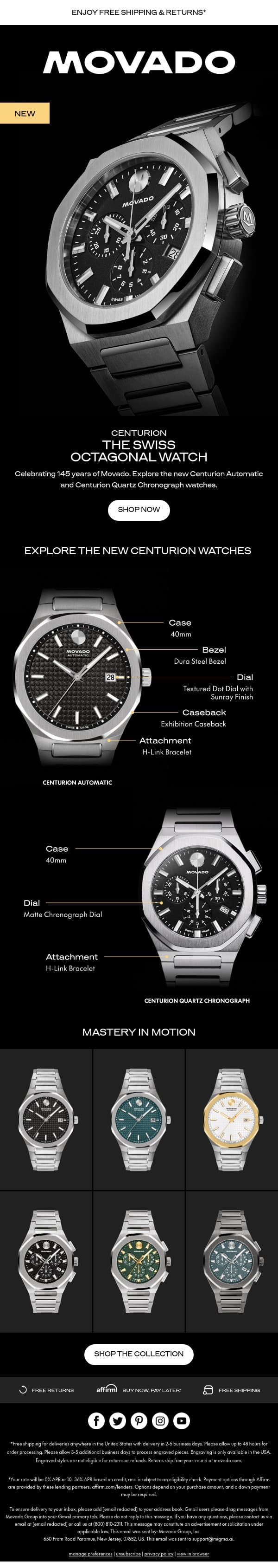 NEW: Centurion Automatic and Quartz Chronograph email from Movado screenshot