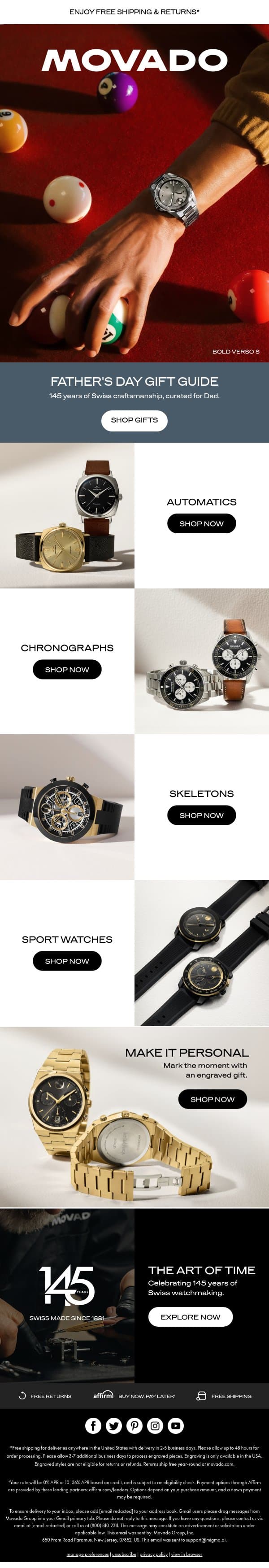 Father's Day Gift Guide email from Movado screenshot