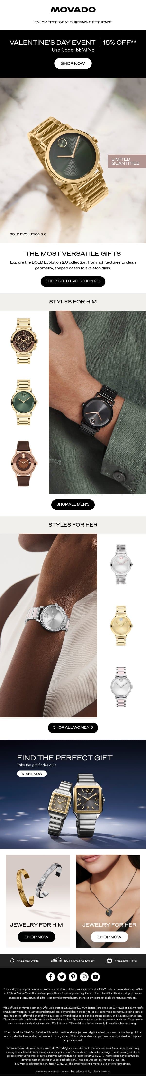 Valentine's Day Event: 15% Off BOLD Evolution 2.0 email from Movado screenshot