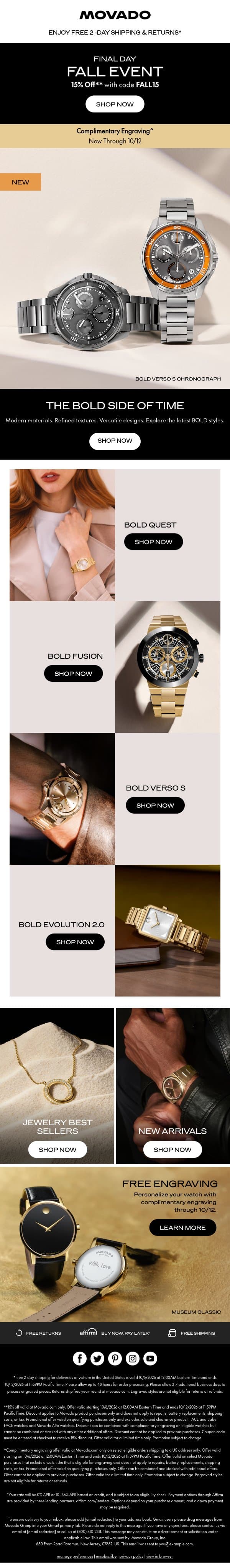 Final Hours for 15% Off email from Movado screenshot