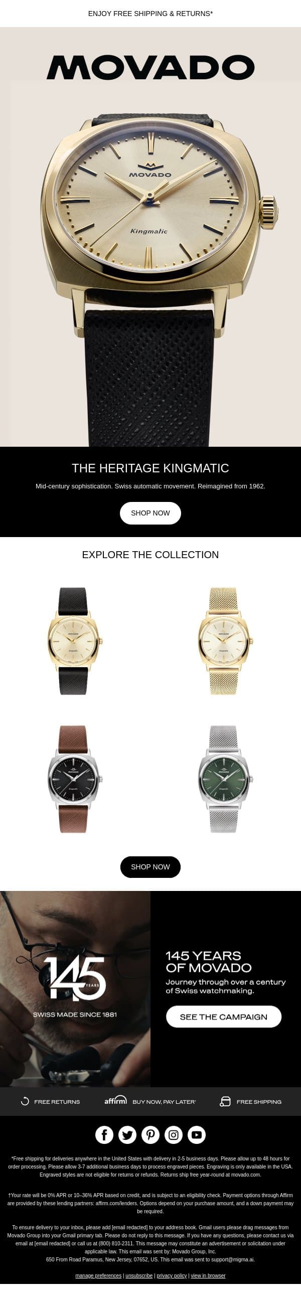 Back from 1962: Heritage Kingmatic email from Movado screenshot