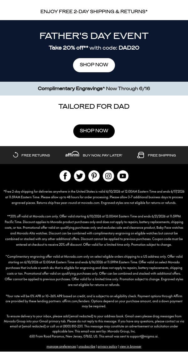 A BOLD Gift for Dad: 20% Off email from Movado screenshot