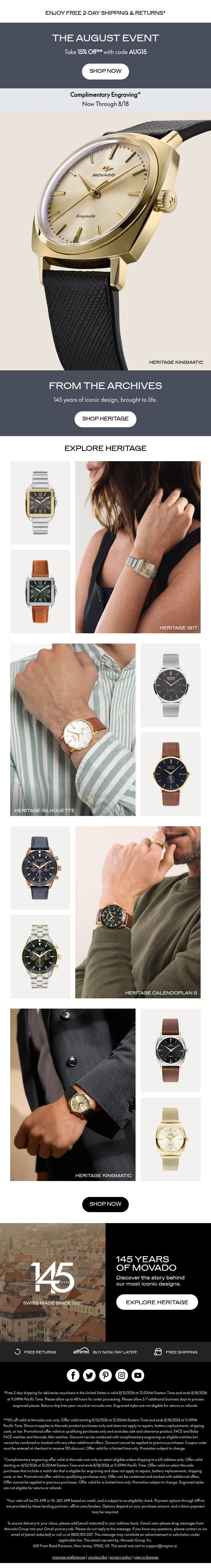 Heritage Styles, Now 15% Off email from Movado screenshot