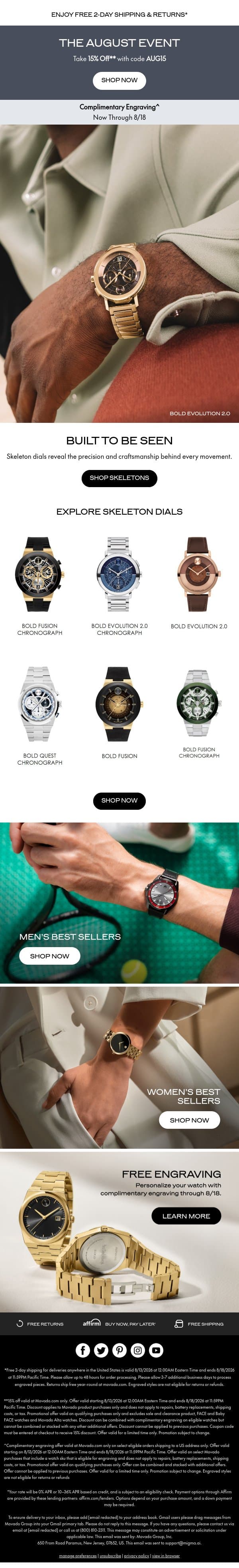 Skeleton Dials, 15% Off email from Movado screenshot