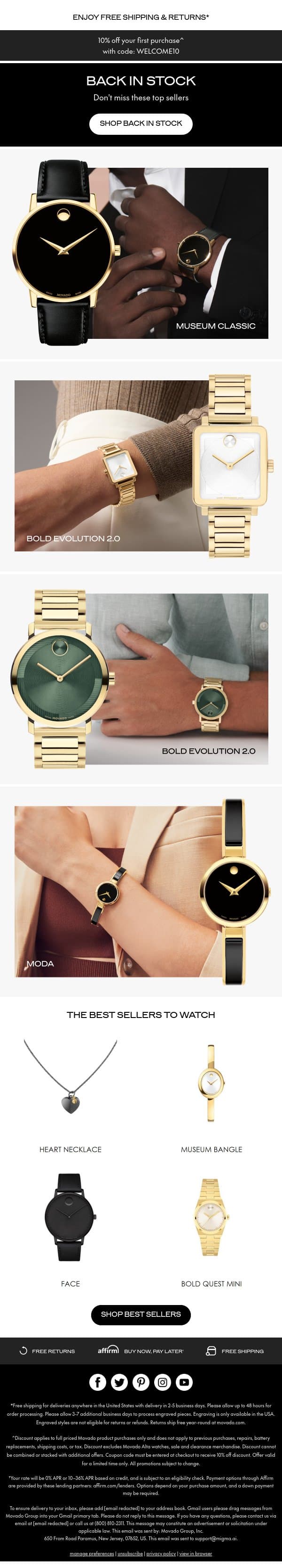 Back in stock, but not for long email from Movado screenshot