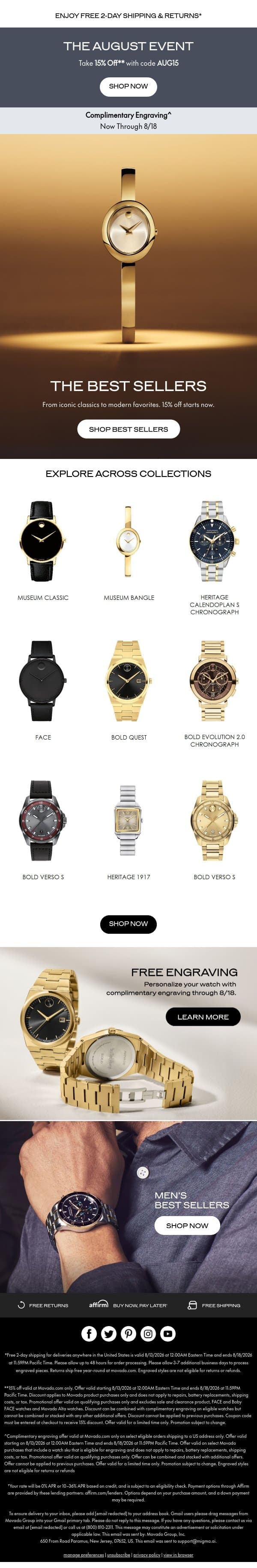 Enjoy 15% Off Best Sellers email from Movado screenshot
