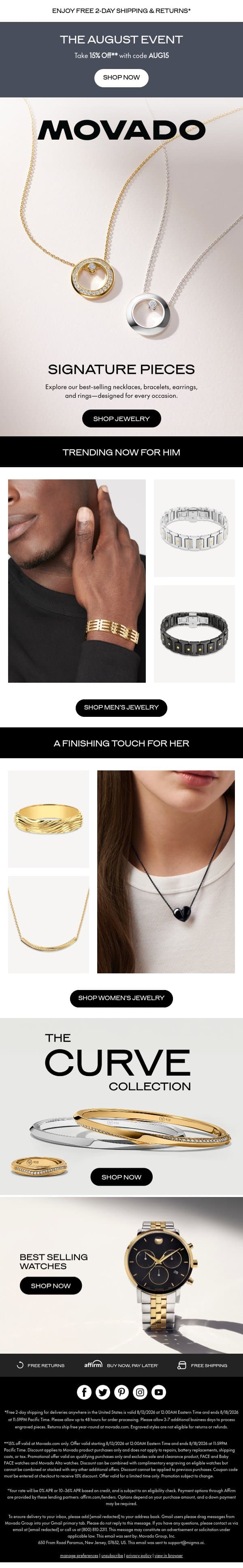15% Off: Jewelry Best Sellers email from Movado screenshot