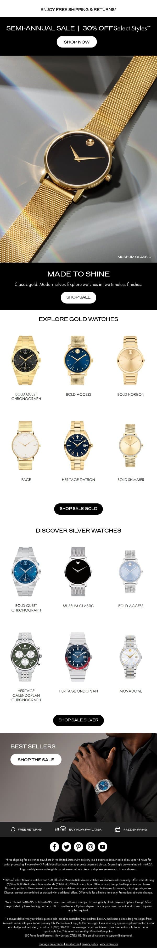 30% Off: Select Gold and Silver Watches email from Movado screenshot