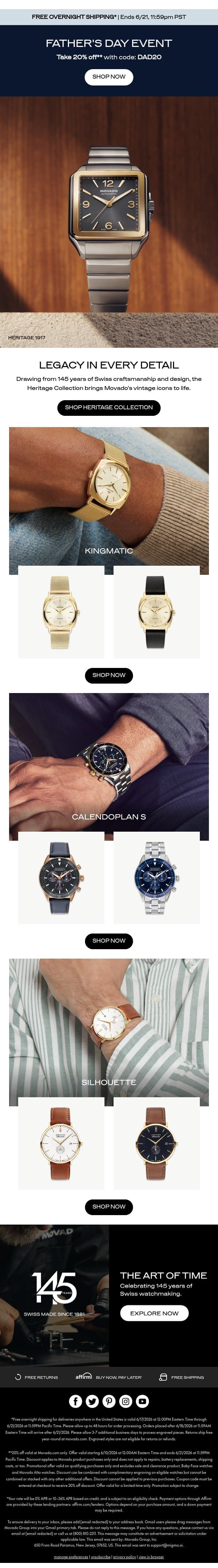 Vintage inspired gifts for Dad email from Movado screenshot