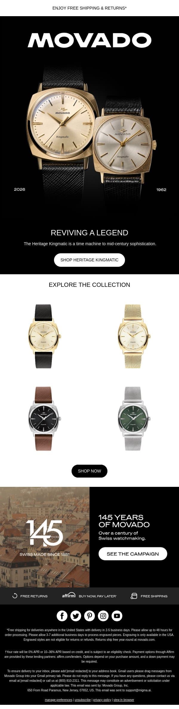 Wear a Legend: Heritage Kingmatic email from Movado screenshot