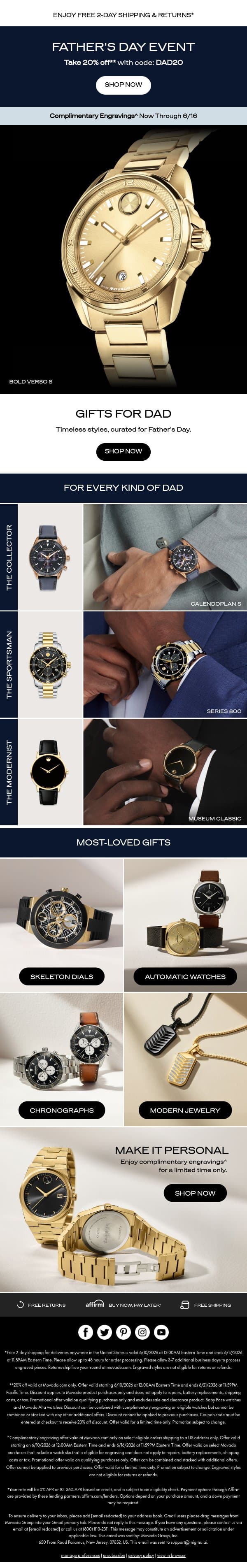 20% off Best Sellers for Dad email from Movado screenshot