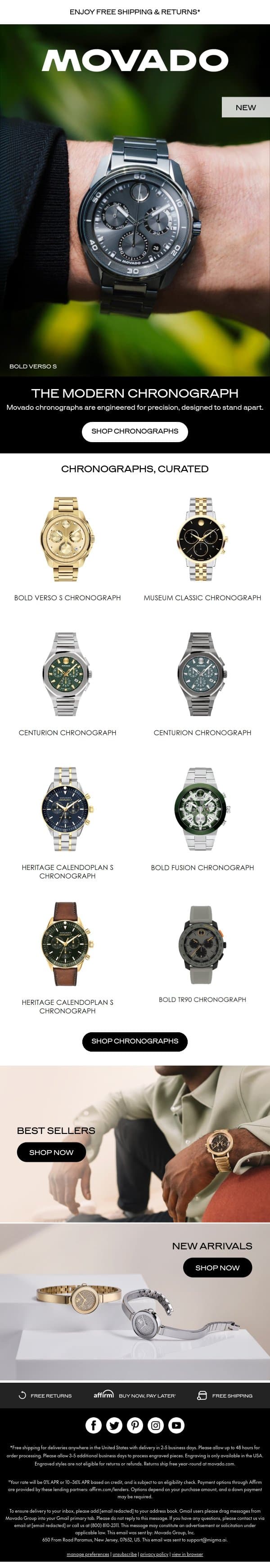 Chronographs: Precision, Refined email from Movado screenshot