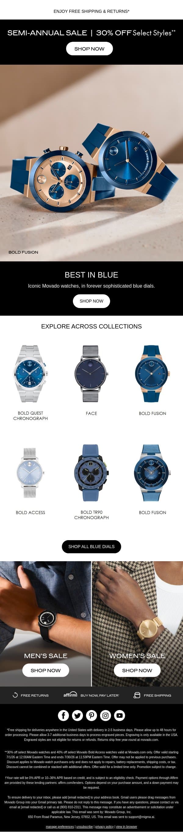 Now 30% Off: Blue Dials email from Movado screenshot