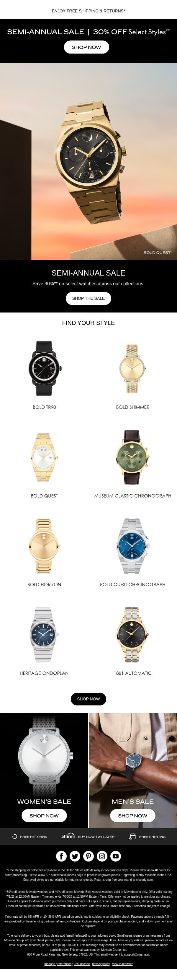 Semi-Annual Sale Starts Now email from Movado screenshot