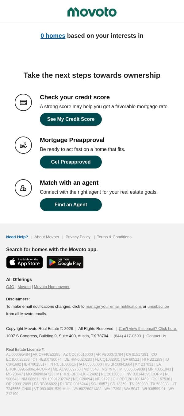 Homes for sale in email from Movoto screenshot