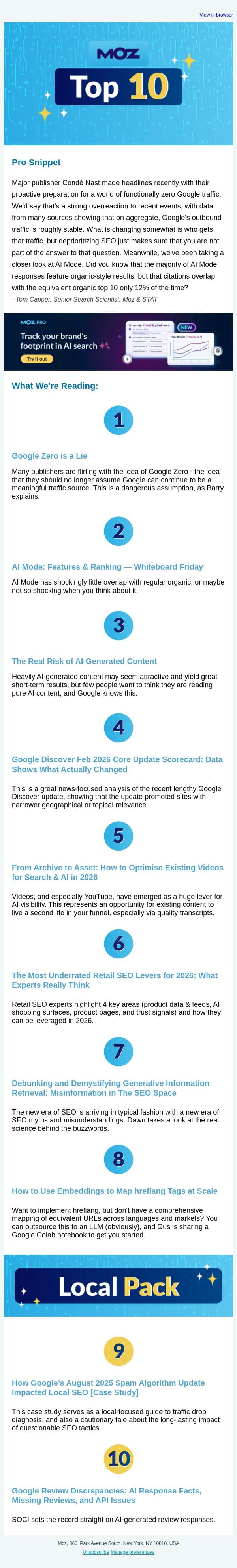 Google Zero & AI Mode Overlap email from Moz screenshot