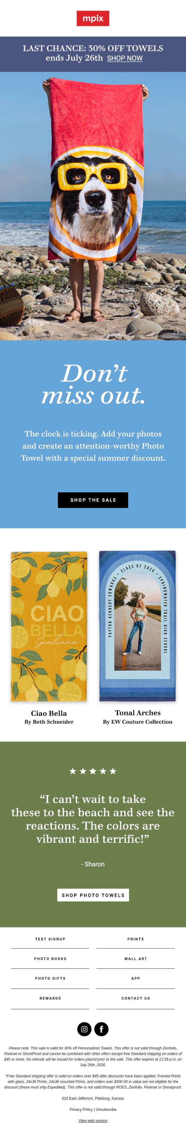 fyi: 30% off photo towels ends tonight email from Mpix screenshot