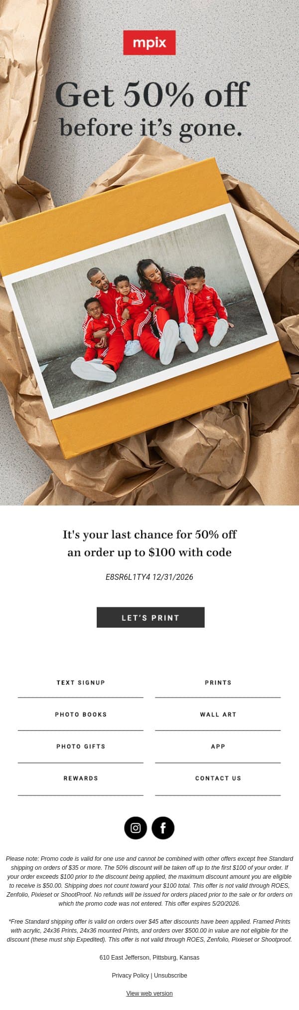 Your 50% off expires tonight email from Mpix screenshot