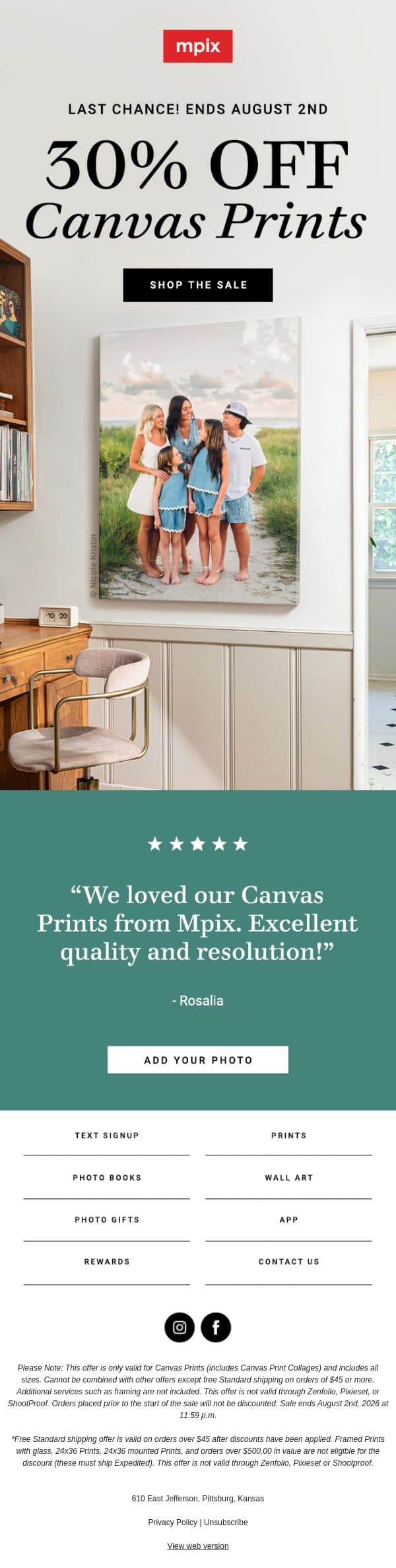 Final hours: 30% off Canvas Prints💫 email from Mpix screenshot