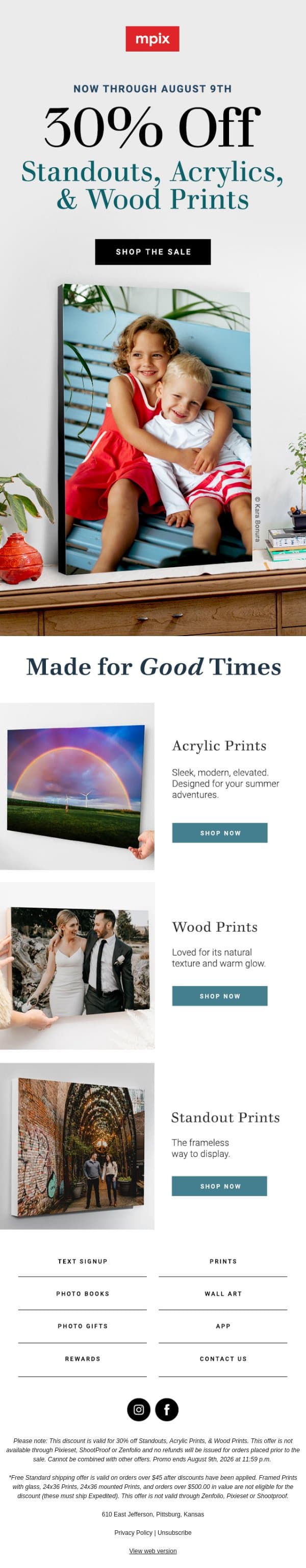 30% OFF standouts, acrylics, & wood prints email from Mpix screenshot
