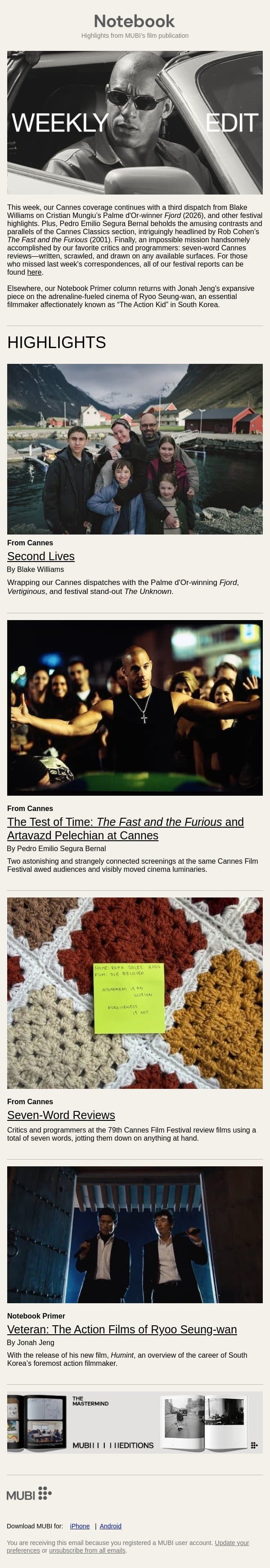 Fast and Furious: Cannes Coverage Continues email from Mubi screenshot
