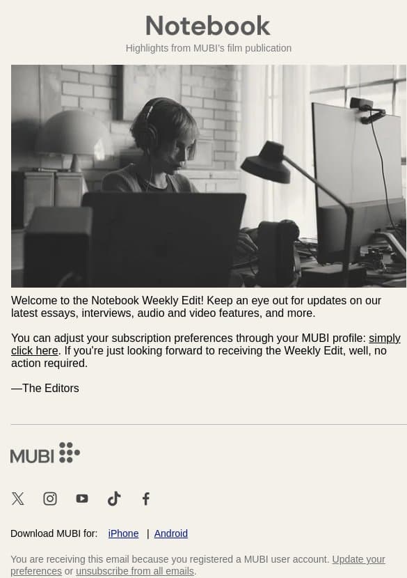 Welcome to the Notebook Weekly Edit! email from Mubi screenshot