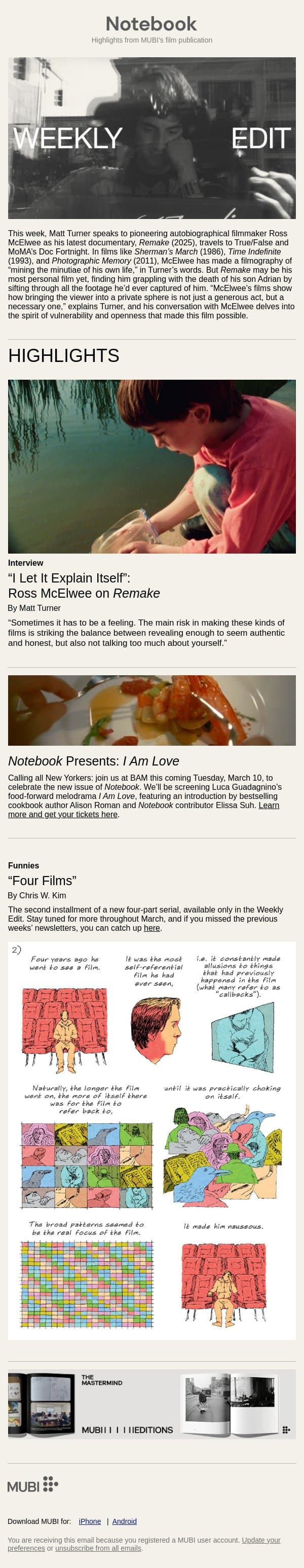 Ross McElwee on “Remake” email from Mubi screenshot