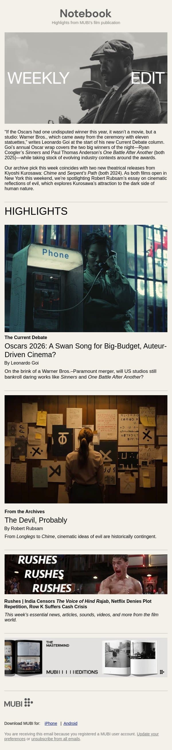 Oscars 2026: A Swan Song for Big-Budget Auteurs? email from Mubi screenshot