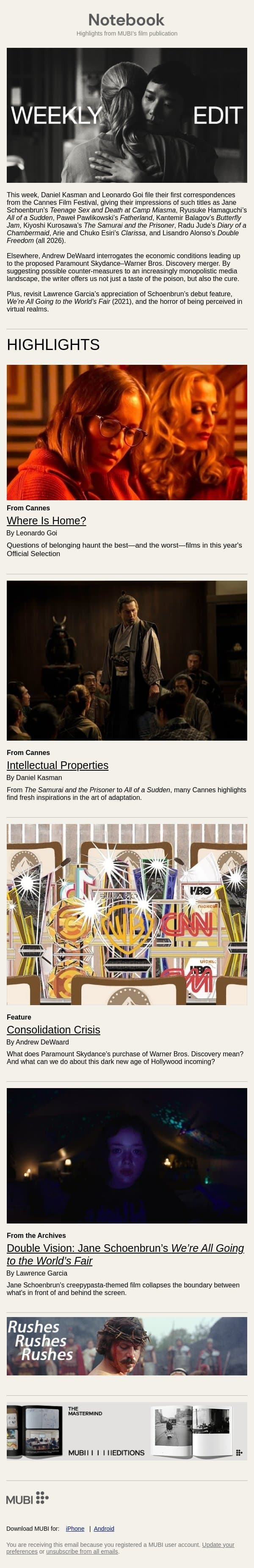 Cannes Correspondences, Hot to Go! email from Mubi screenshot