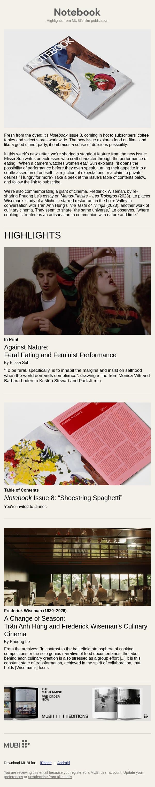 Issue 8: Shoestring Spaghetti email from Mubi screenshot