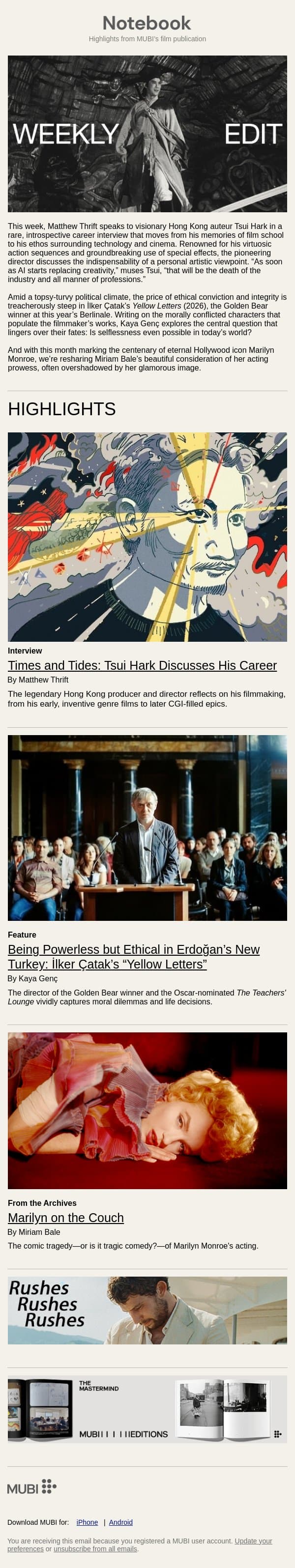 Tsui Hark Looks Back email from Mubi screenshot