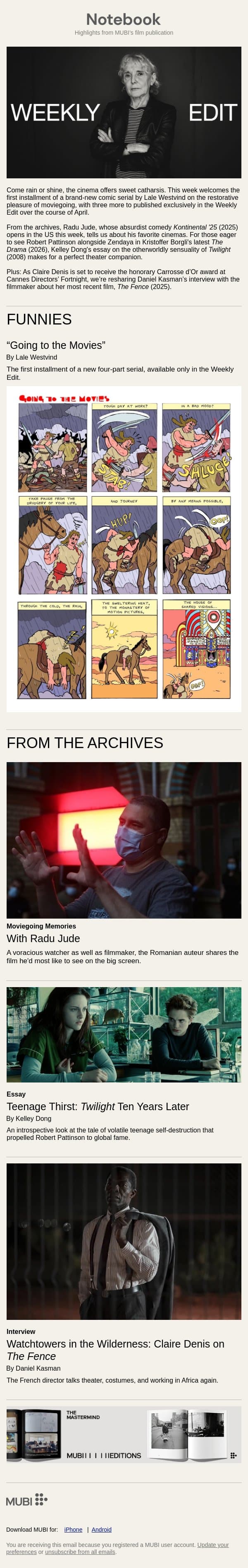 Out of the Archives: Claire Denis, Radu Jude, and more email from Mubi screenshot