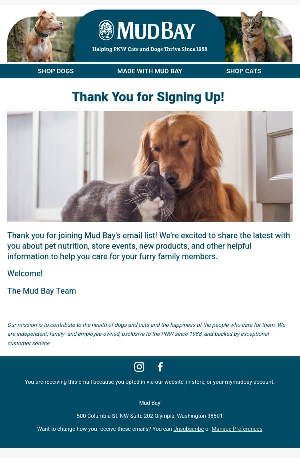 Thanks for signing up adam! email from Mud Bay screenshot