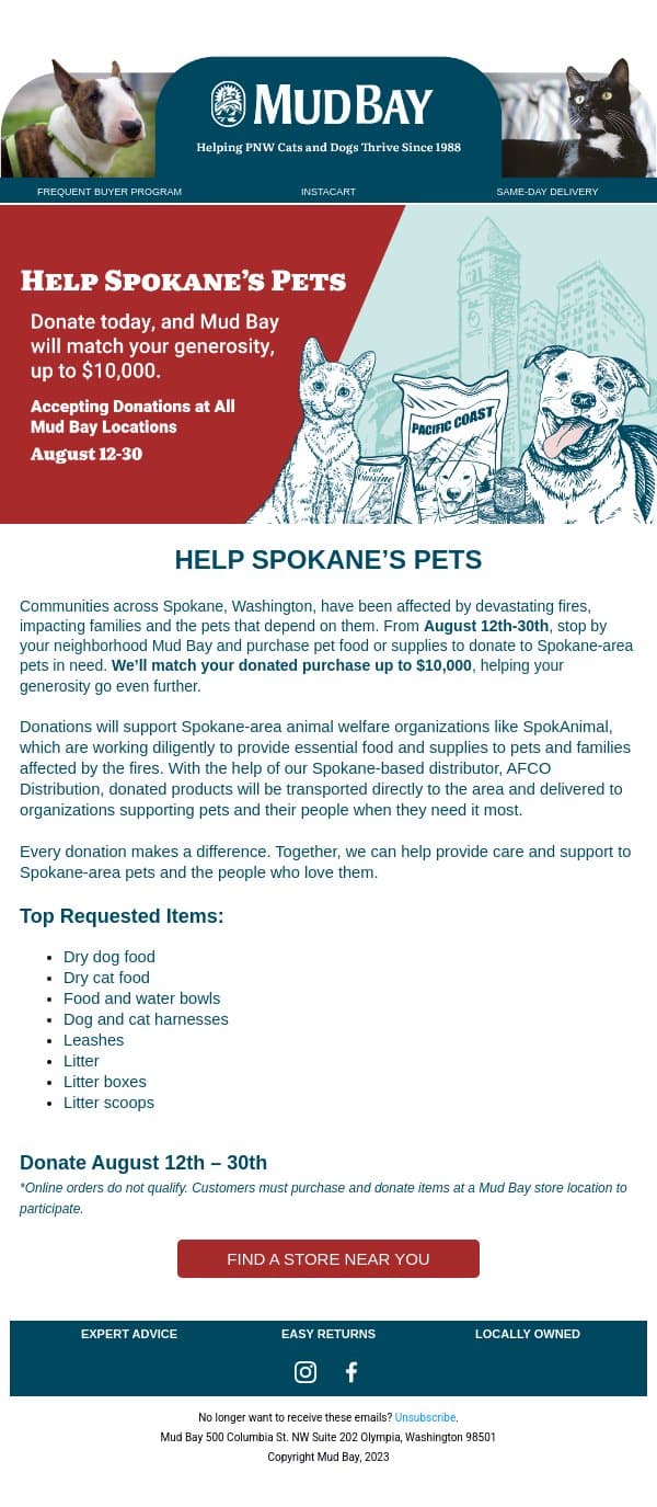 Help Pets and Families Impacted by the Spokane Fires. We'll Match Your Donation. email from Mud Bay screenshot
