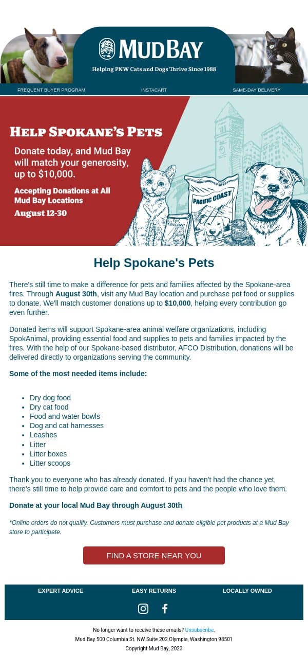 There's Still Time to Help Spokane's Pets email from Mud Bay screenshot
