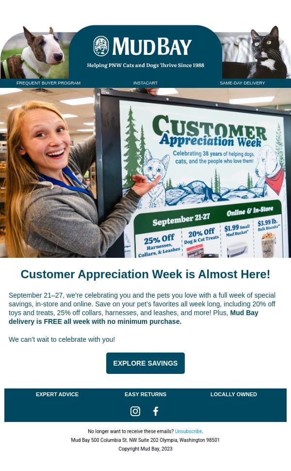 A Full Week of Savings Starts September 21! email from Mud Bay screenshot